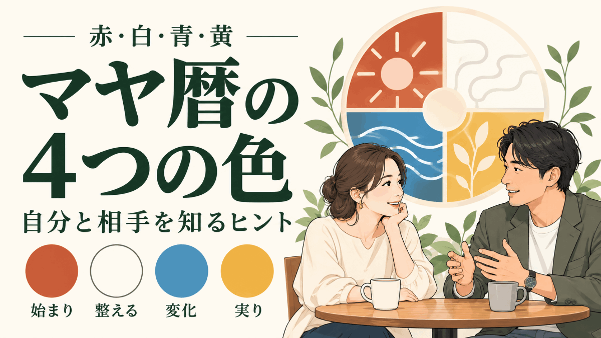 マヤ暦の赤・白・青・黄の4つの色と、会話を楽しむ男女のイラスト