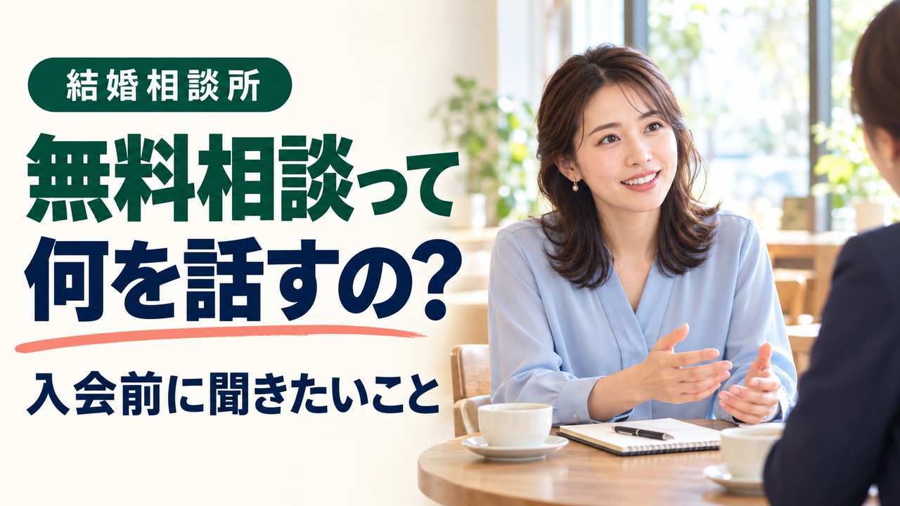 結婚相談所の無料相談って何を話すの？入会前に聞きたいこと。相談する男女の実写調イメージ。