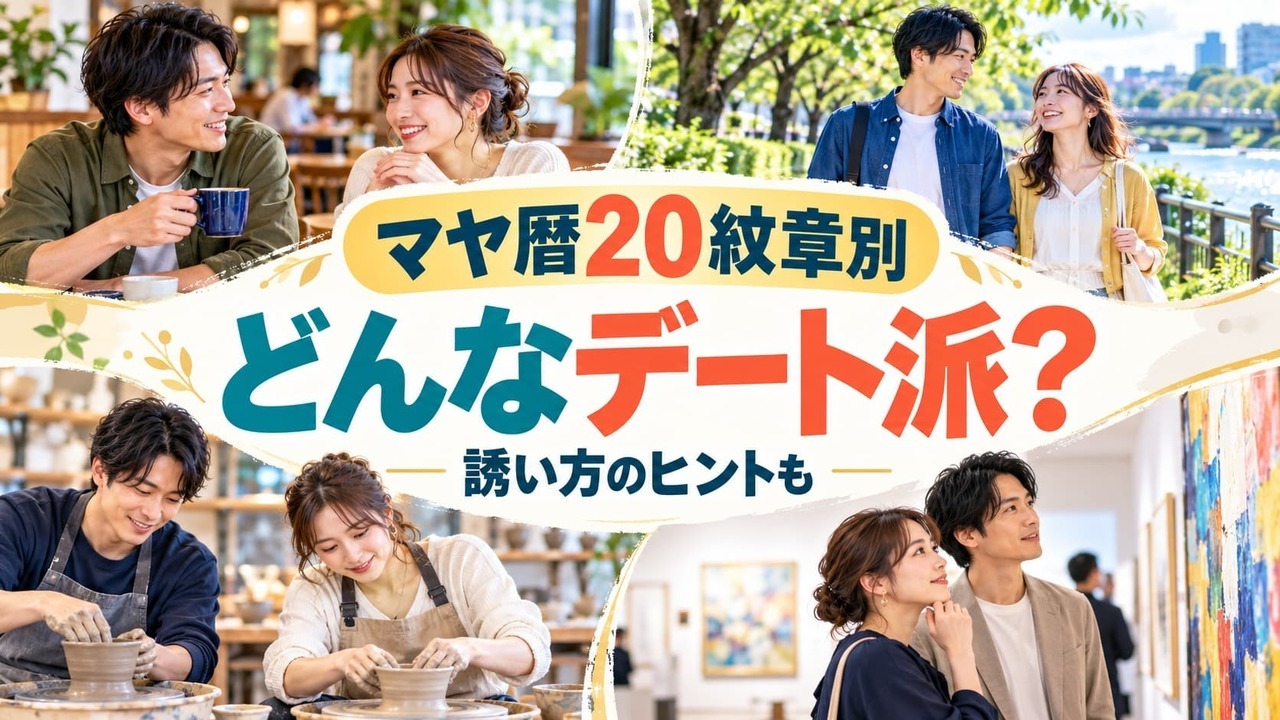 カフェ、川沿いの散策、陶芸、美術鑑賞を楽しむ男女のイメージ。「マヤ暦20紋章別 どんなデート派？ 誘い方のヒントも」の文字。