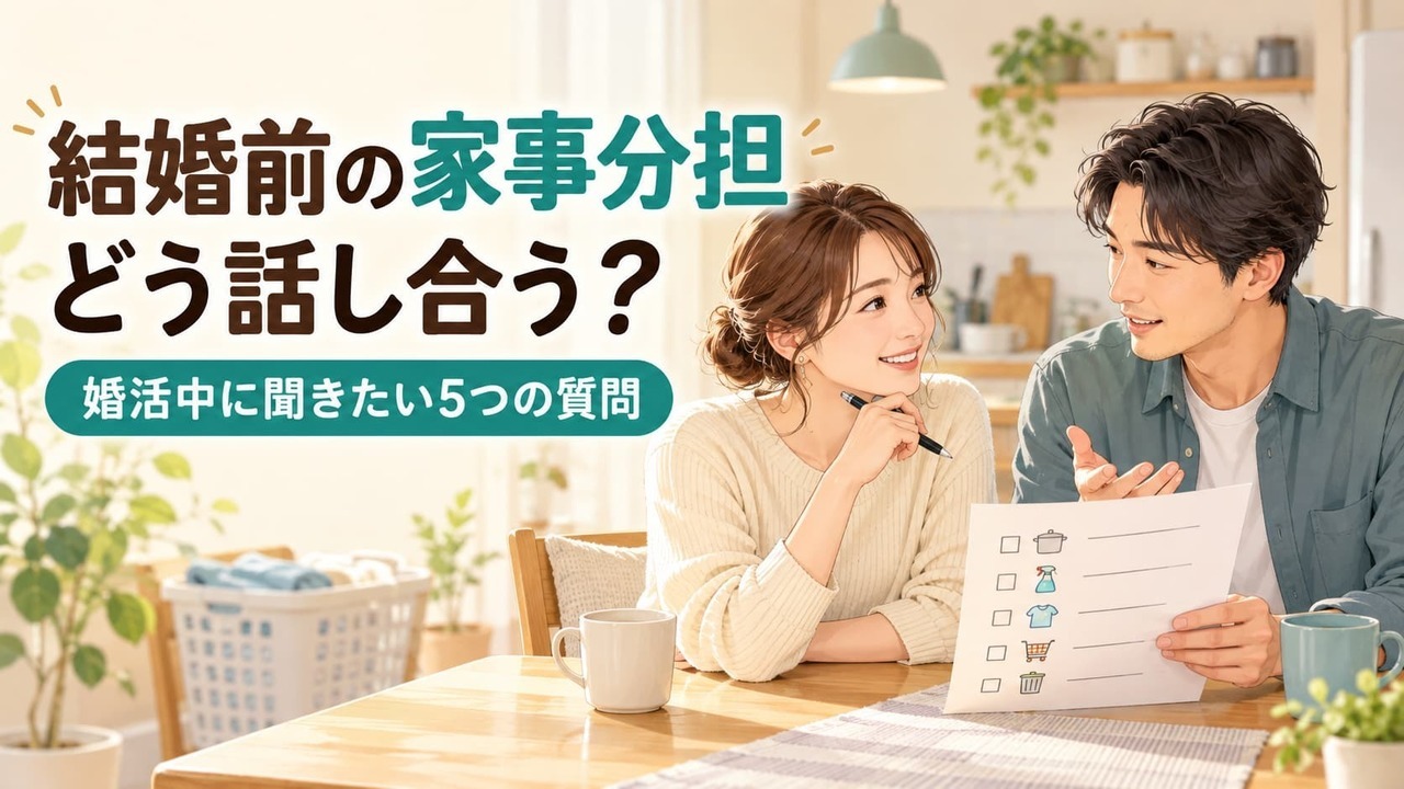 結婚前の家事分担について、明るい部屋で話し合う男女